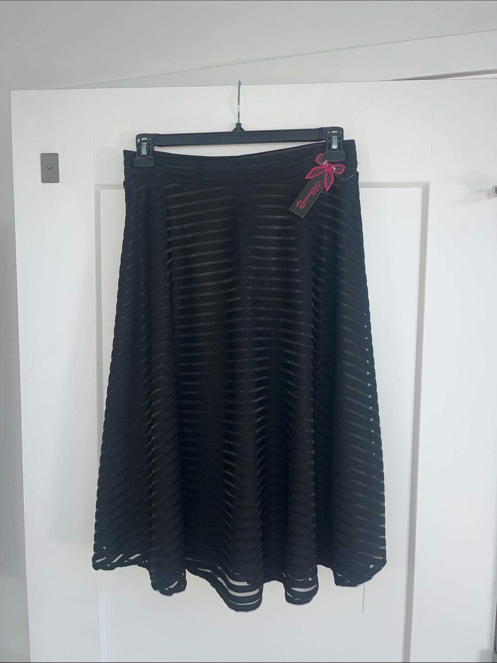Black A-Line Midi Skirt with Stripe Mesh Detail